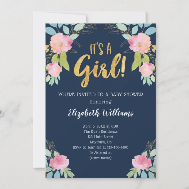 Invitation C'est un Baby shower d'aquarelle en or de la Marin (Devant)