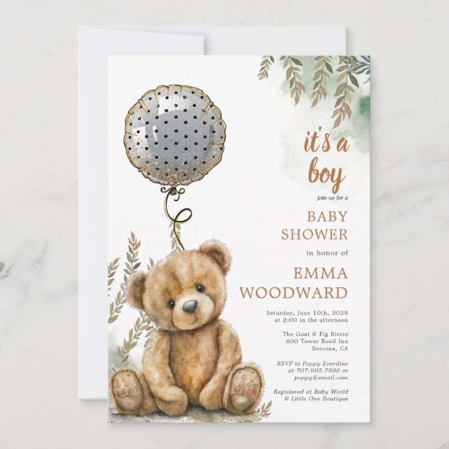 Invitation C'est un Baby shower de ballon d'ours en peluche (Devant)