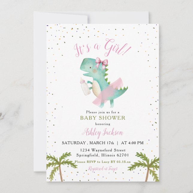 Invitation C'est un Baby shower de fille Ballerina Dinosaur (Devant)