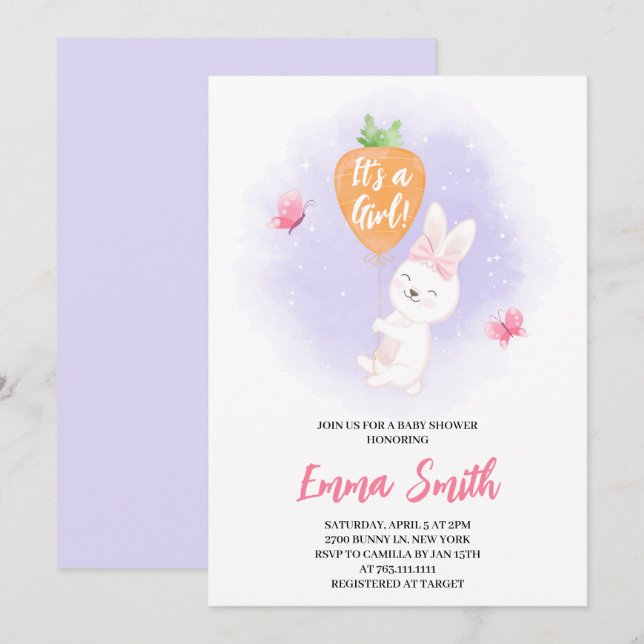Invitation C'est un Baby shower de lapin mignon fille (Devant / Derrière)