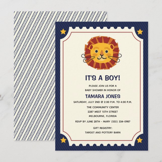 Invitation C'est un Baby shower de Lion Safari Jungle Garçon (Devant / Derrière)