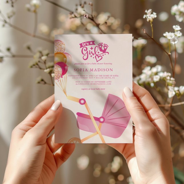 Invitation C'est un Baby shower de poussette rose fille (Créateur téléchargé)