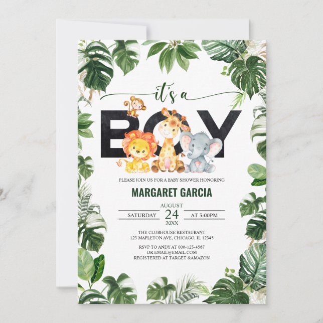 Invitation C'est un Baby shower de Safari de la Jungle Garçon (Devant)