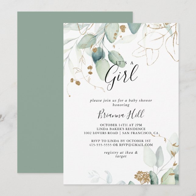 Invitation C'est un Baby shower d'Eucalyptus Gold Girl (Devant / Derrière)