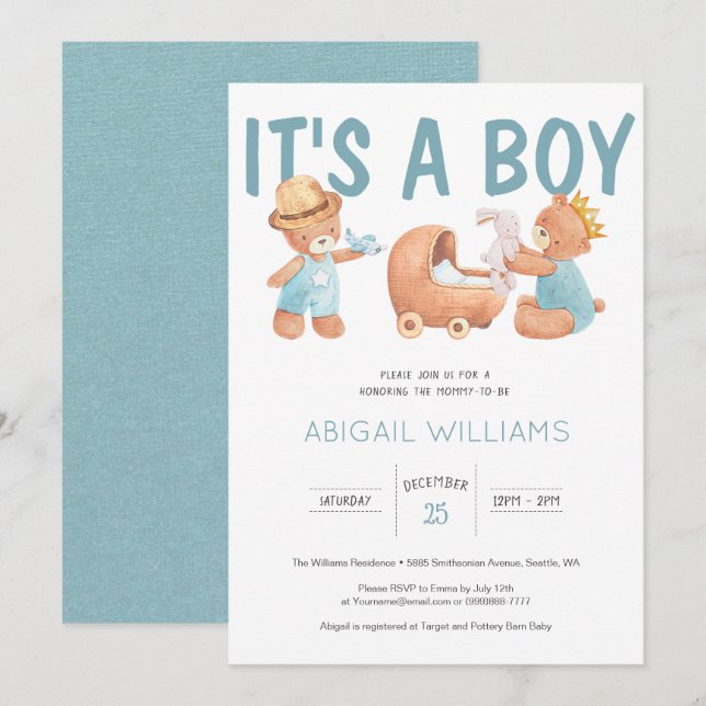 Invitation C'est un Baby shower d'ours en peluche (Devant / Derrière)
