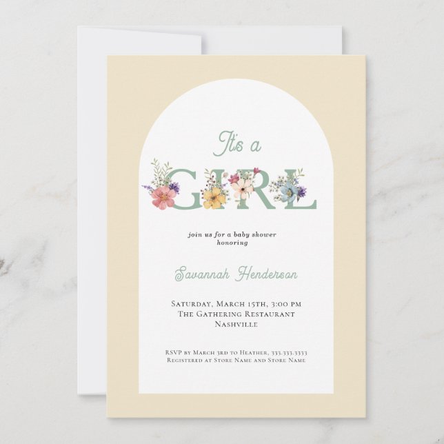 Invitation C'est un Baby shower Fille Floral Jaune Douce (Devant)