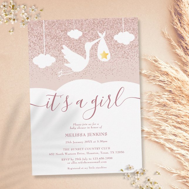 Invitation C'est un Baby shower fille  Stork Rose Parties sci (Créateur téléchargé)