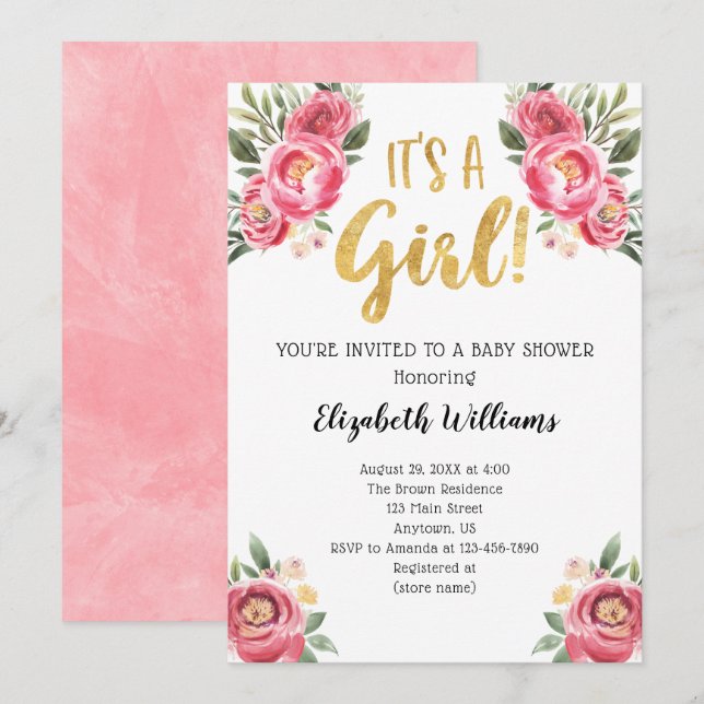 Invitation C'est un Baby shower Fleurs d'Aquarelle rose Fille (Devant / Derrière)