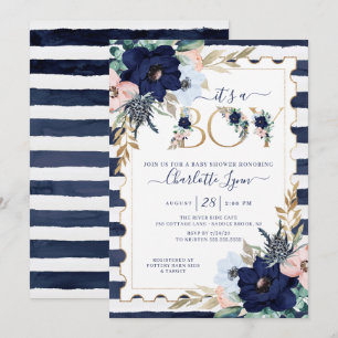 Invitation C'est un Baby shower floral bleu et bleu marine
