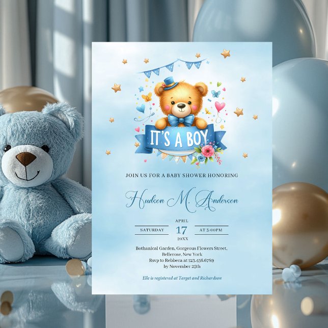 Invitation C'est un baby shower garçon (playful cute teddy bear it's a boy baby shower invitation)
