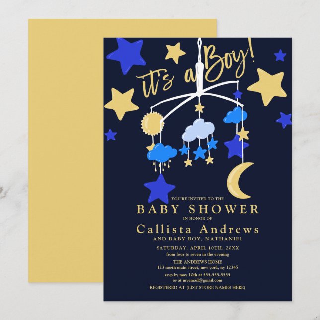 Invitation C'est un Baby shower mobile pour bébé Lune Stars (Devant / Derrière)