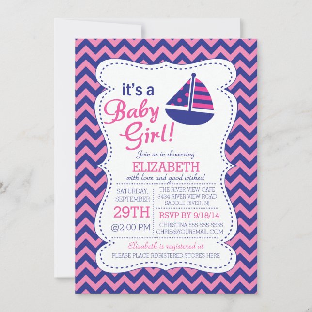 Invitation C'est un Baby shower nautique de Bébé Girl Sailboa (Devant)