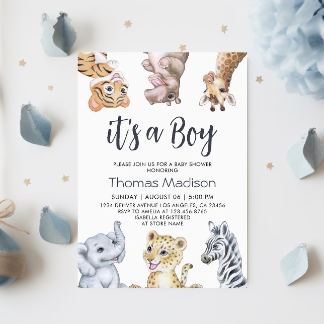 Invitation C'est un Baby shower sauvage d'animaux Safari Garç (It's a Boy Wild Safari Animals Baby Shower Invitation
)