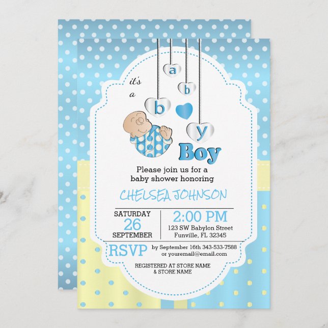 Invitation C'est un bébé garçon | Bébé bleu mignon (Devant / Derrière)