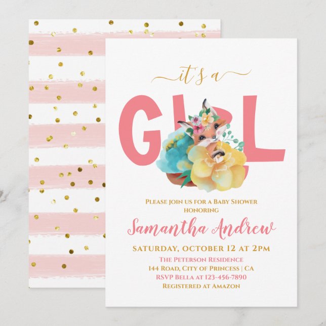 Invitation C'est un bel Baby shower de dessin de Fille Fox (Devant / Derrière)