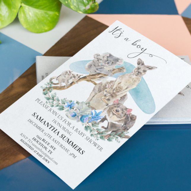 Invitation C'est un garçon Baby shower animal australien bleu (Créateur téléchargé)