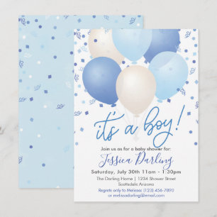 Invitation C'est un garçon Baby shower Bleu Ballons et Confet