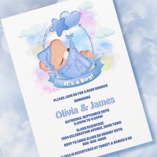 Invitation C'est un garçon ! Baby shower bleu Teddy Bear Ball
