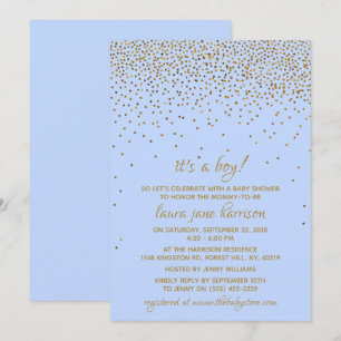 Invitation C'est un garçon ! Baby shower Confetti bleu et or