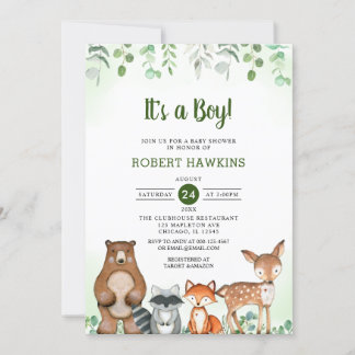 Invitation C'est un garçon baby shower d'animaux forestiers