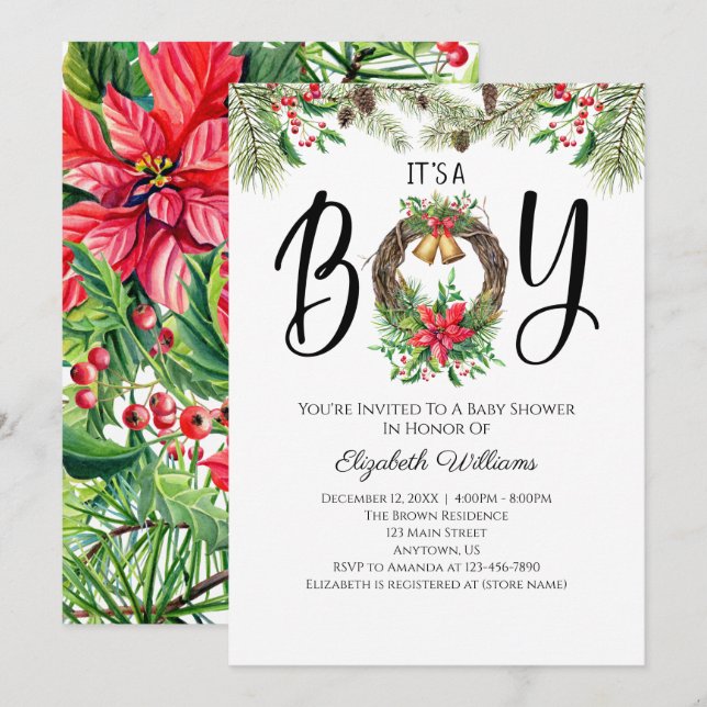 Invitation C'est un garçon Baby shower d'aquarelle de Noël (Devant / Derrière)