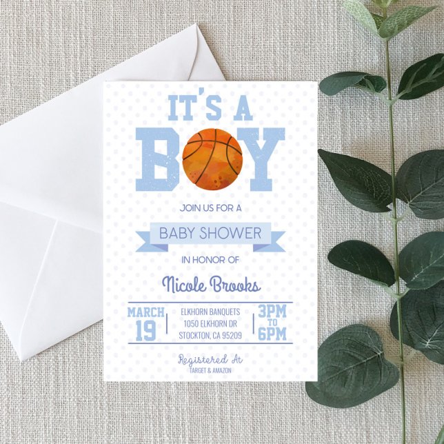 Invitation C'est un garçon ! Baby shower de basket-ball bleu  (Créateur téléchargé)