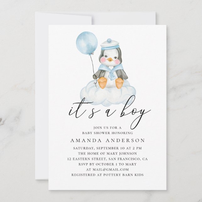 Invitation C'est un garçon. Baby shower de pingouin mignon aq (Devant)