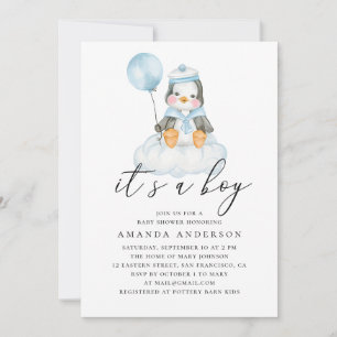 Invitation C'est un garçon. Baby shower de pingouin mignon aq