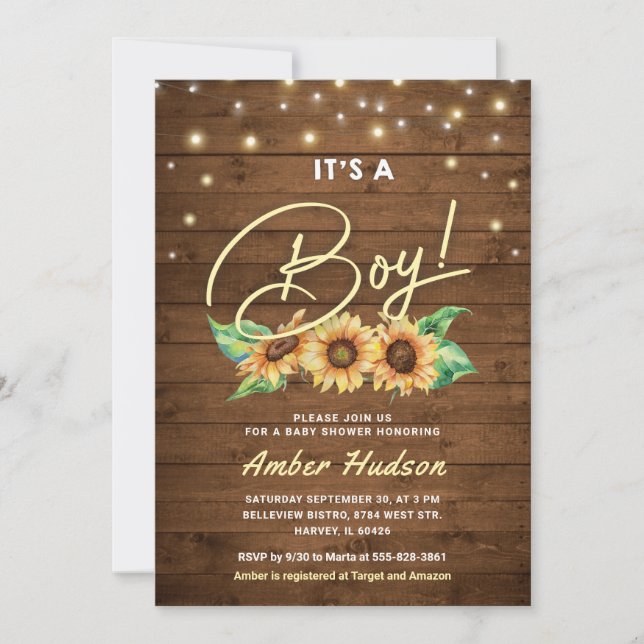Invitation C'est un garçon Baby shower de tournesol jaune sau (Devant)