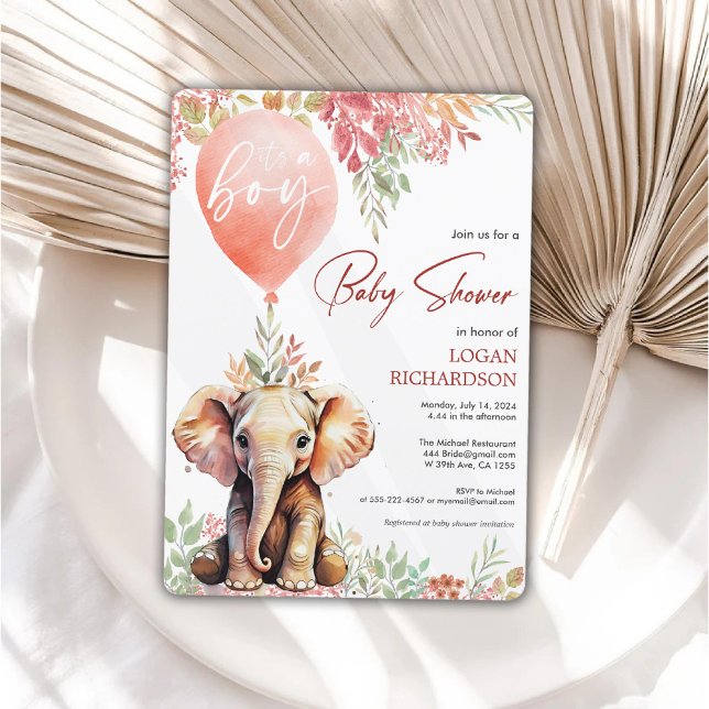 Invitation C'est un garçon baby shower d'éléphant en ballons  (It's a boy autumn balloon elephant baby shower invitation)