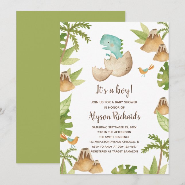 Invitation  C'est un garçon Baby shower Dinosaure Aquarelle (Devant / Derrière)