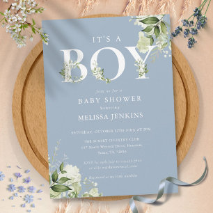 Invitation C'est un garçon Baby Shower Lettre de verdure Bleu