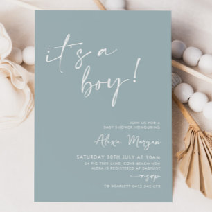 Invitation C'est un garçon ! Baby shower minimum bleu