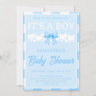Invitation C'est un garçon Baby Shower Ruban Gingham Bleu