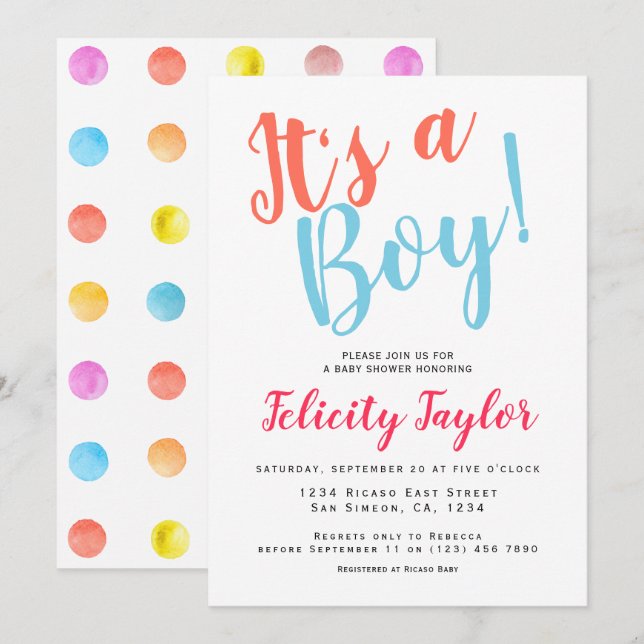 Invitation C'Est Un Garçon Baby shower Typographie Points Col (Devant / Derrière)