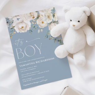 Invitation C'est un garçon bleu poussiéreux blanc élégant flo