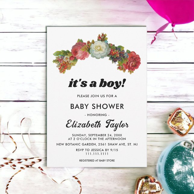 Invitation C'est un garçon Boho Blanc Roses Rouges Baby showe (Créateur téléchargé)