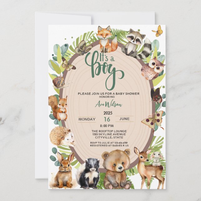 Invitation C'est un garçon Boy Woodland Animals Forest Baby s (Devant)