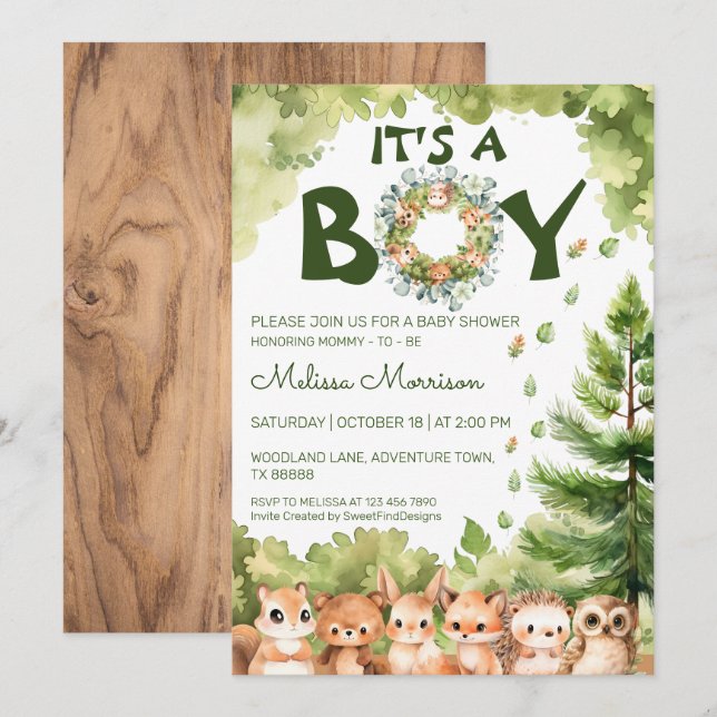 Invitation C'est un garçon Boy Woodland Baby Boy Shower (Devant / Derrière)