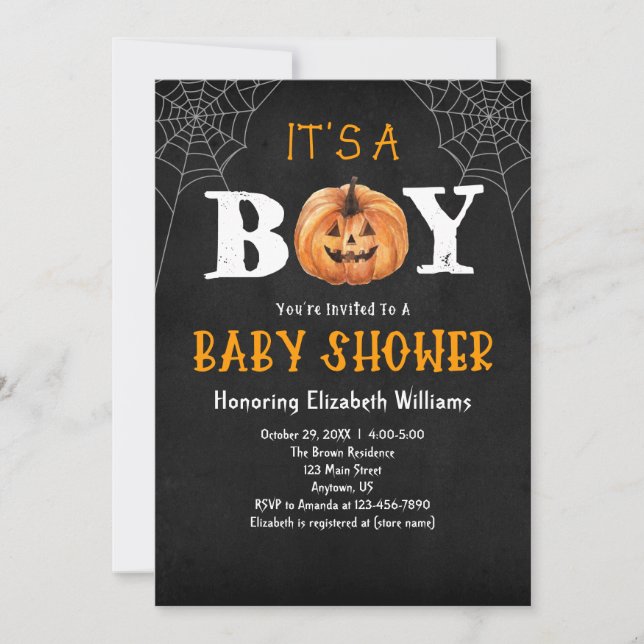 Invitation C'est un garçon Citrouille Baby shower d'Halloween (Devant)