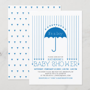 Invitation C'est un garçon   Cœurs bleus et parapluie Baby Sh