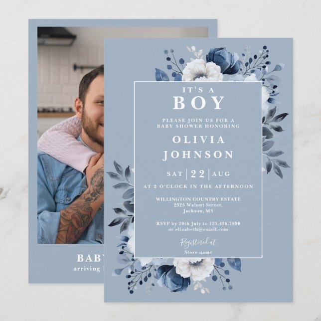 Invitation C'est un garçon Dusty Blue Floral Baby shower phot (Devant / Derrière)