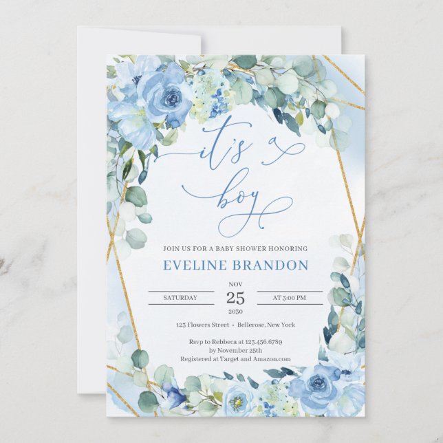 Invitation C'est un garçon Dusty Blue Floral Gold Boho Baby S (Devant)