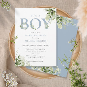 Invitation C'est un garçon Dusty Blue Greenery Lettre Baby Sh