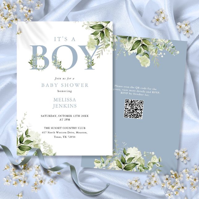 Invitation C'est un garçon Dusty Blue Greenery QR Code Baby s (Its A Boy Dusty Blue Greenery QR Code Baby Shower Invitation)