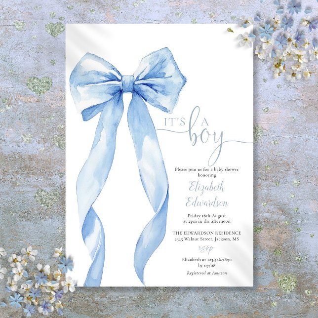 Invitation C'Est Un Garçon Élégant Baby shower Bleu Bow (Its A Boy Elegant Blue Bow Baby Shower Invitation)