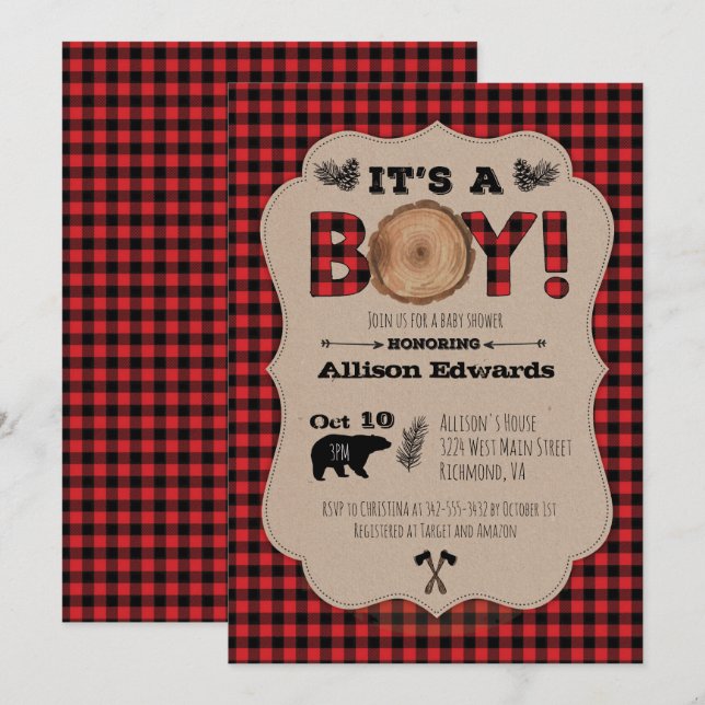 Invitation C'est un garçon Lumberjack Plaid Baby shower Invit (Devant / Derrière)