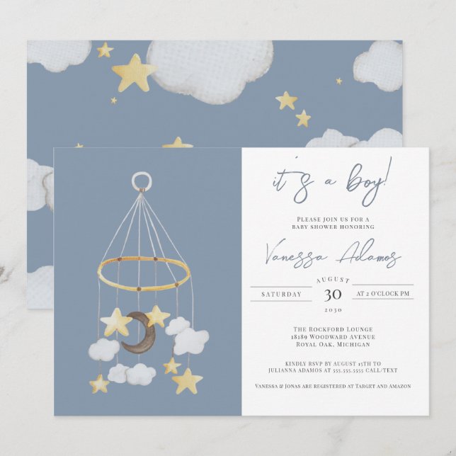 Invitation C'est un garçon ! Lune & Étoiles Baby Mobile Nurse (Devant / Derrière)