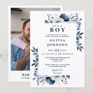 Invitation C'est un garçon Marine Blue Floral Photo Baby show