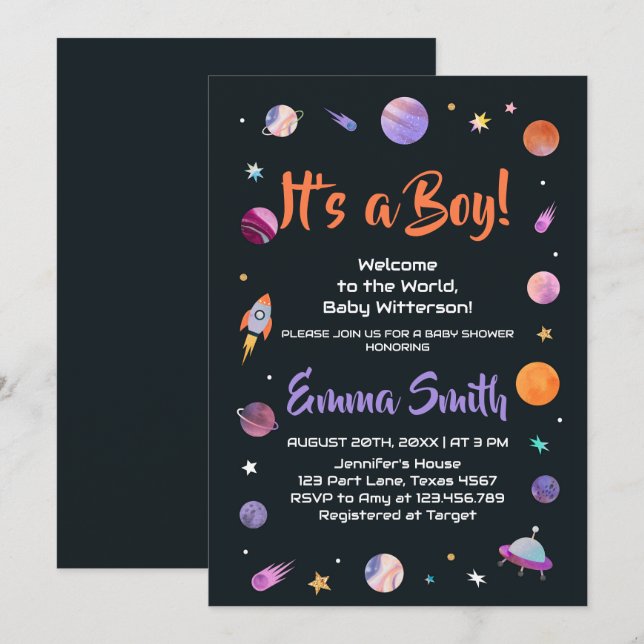 Invitation C'est un garçon Planètes Espace Baby shower (Devant / Derrière)